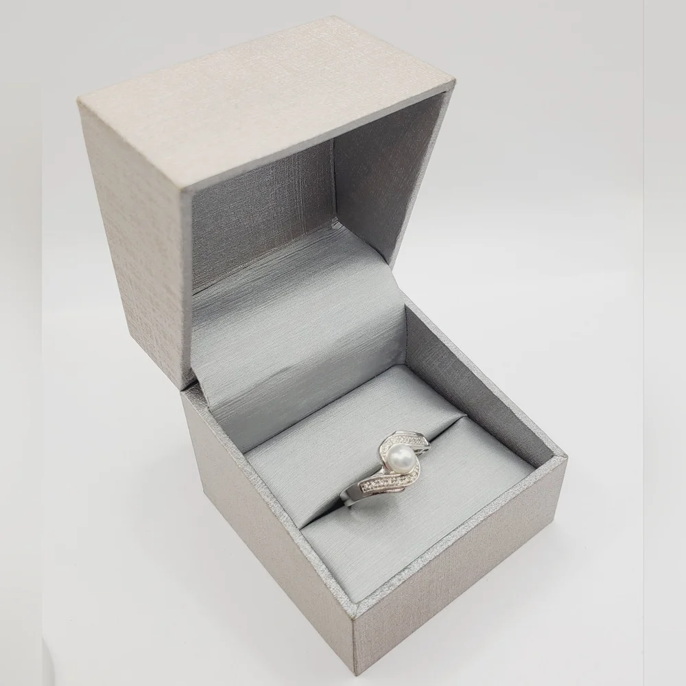 Cultured White Pearl & Diamond Simulants 925 Sterling Silver Bypass Ring